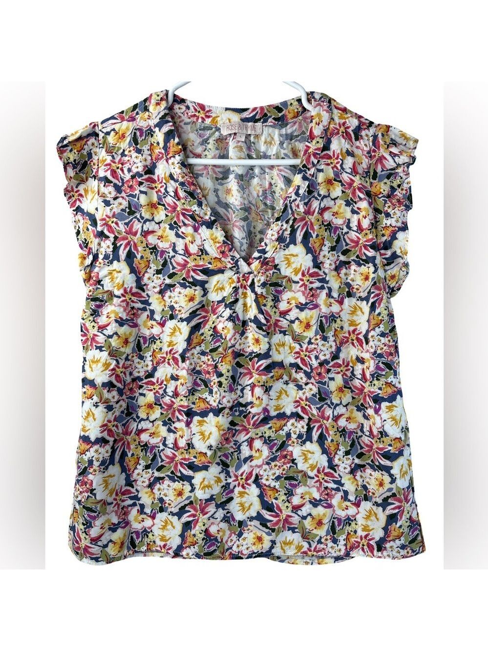 Rose & Thyme  Floral V-Neck Blouse - Yellow and Red Large